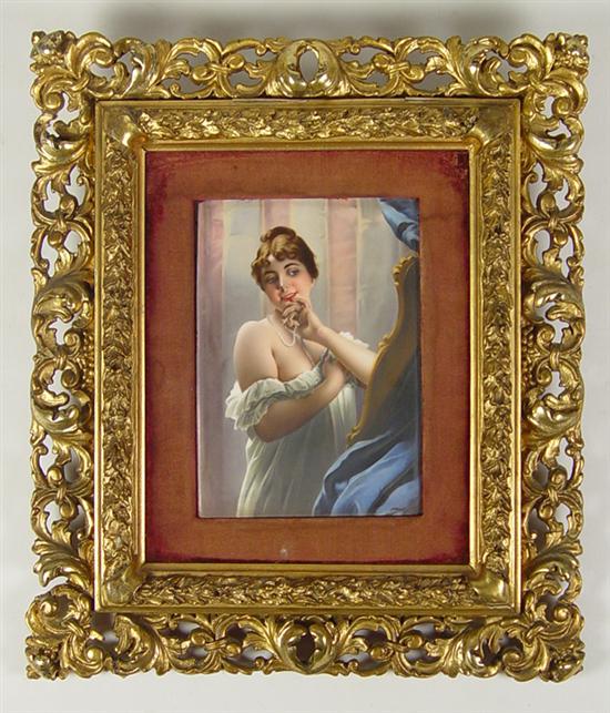 Appraisal: Hand Painted German Tile Young maiden at dressing table with