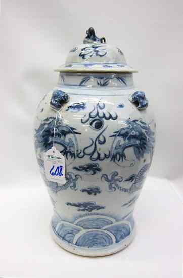 Appraisal: CHINESE BLUE AND WHITE PORCELAIN COVERED JAR Two full length