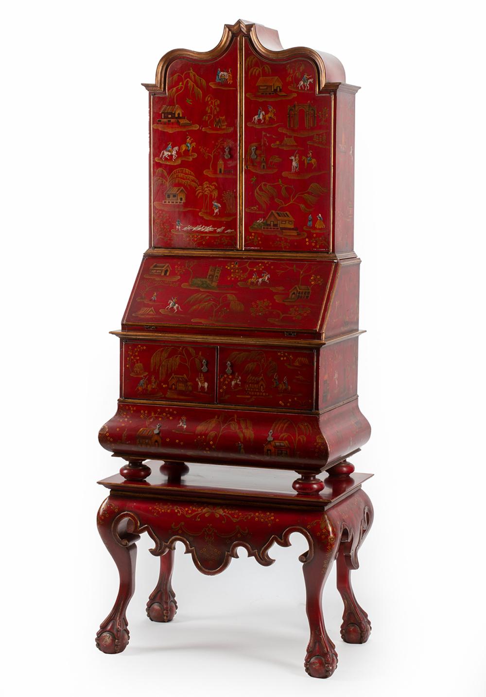 Appraisal: Georgian-Style Red Lacquer and Chinoiserie Decorated Secretary Cabinet on Stand