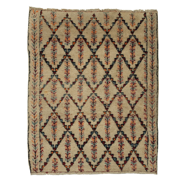 Appraisal: Moroccan rug thick hand-knotted natural wool cream field with geometric