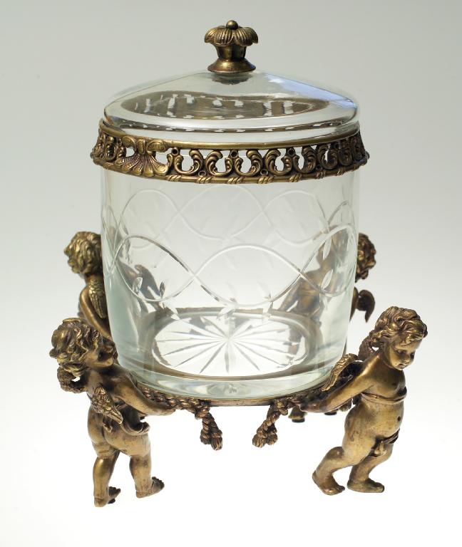 Appraisal: CONTINENTAL GILT-METAL MOUNTED CUT-GLASS CENTREPIECE the covered jar with pierced