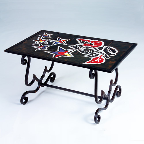 Appraisal: JEAN LURCAT Tile-top table with leaves and stars in bright