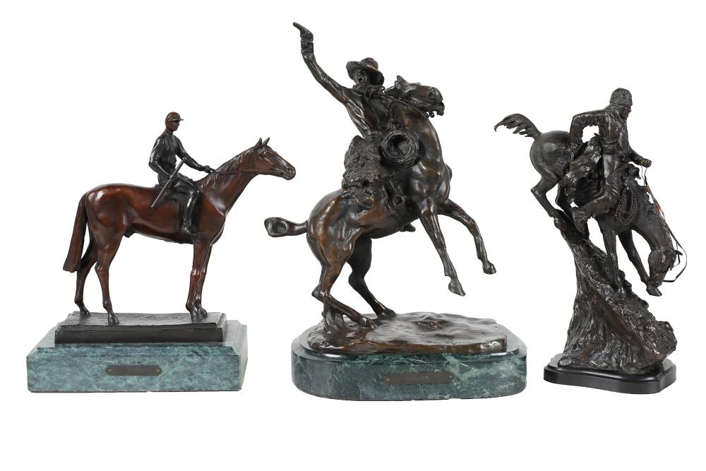 Appraisal: THREE ASSORTED BRONZE GROUPSthe seated horse and rider inscribed in