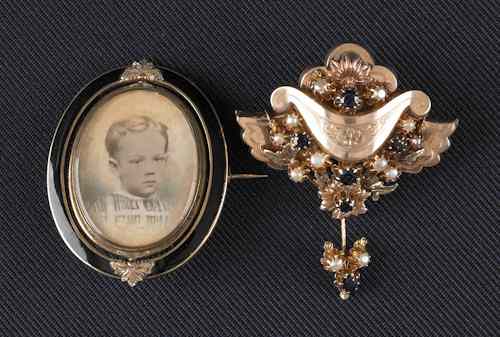 Appraisal: Two K yellow gold Victorian brooches to include one hair