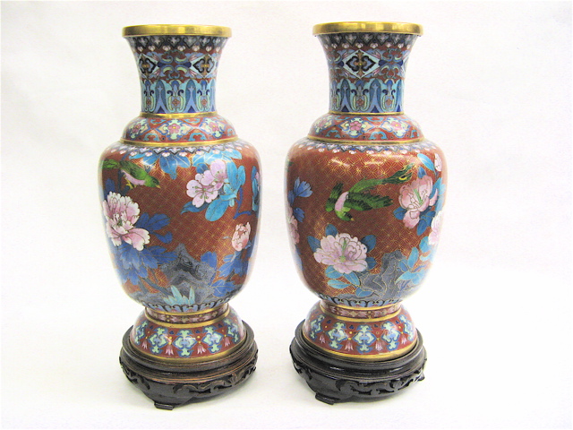 Appraisal: PAIR CHINESE CLOISONNE VASES colorful floral and bird decoration on