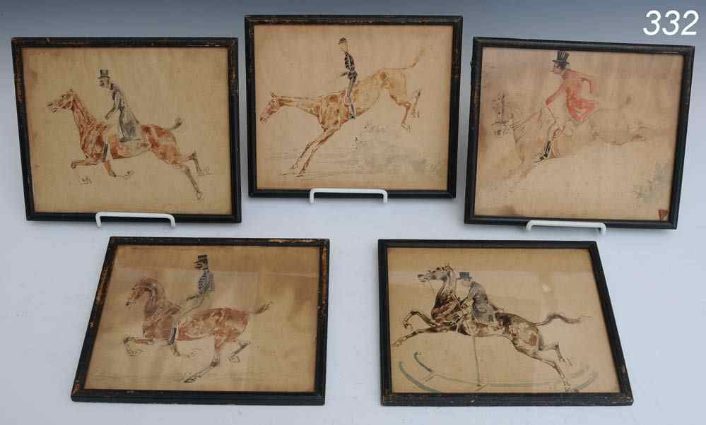 Appraisal: Set of Five English Whimsical Steeplechase Watercolors each '' x