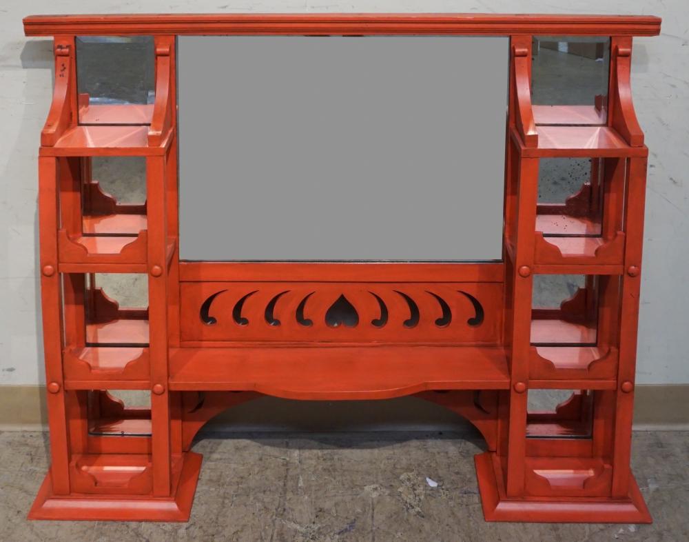 Appraisal: RED PAINTED MIRRORED HANGING WALL CABINET X X IN X