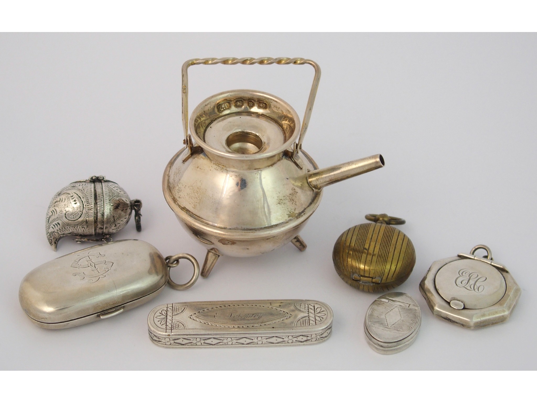 Appraisal: A miniature silver kettleby Lawrence Emanuel Birmingham with a double