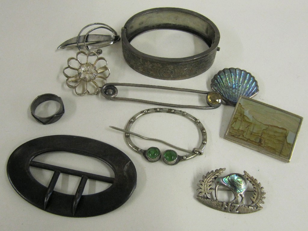 Appraisal: Lot of silver to include buckle engraved bangle ring and