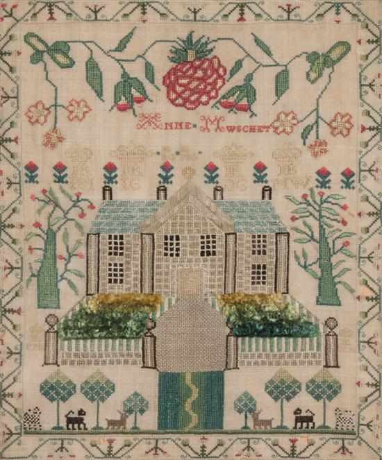 Appraisal: th century needlepoint sampler with house motif worked by Anne