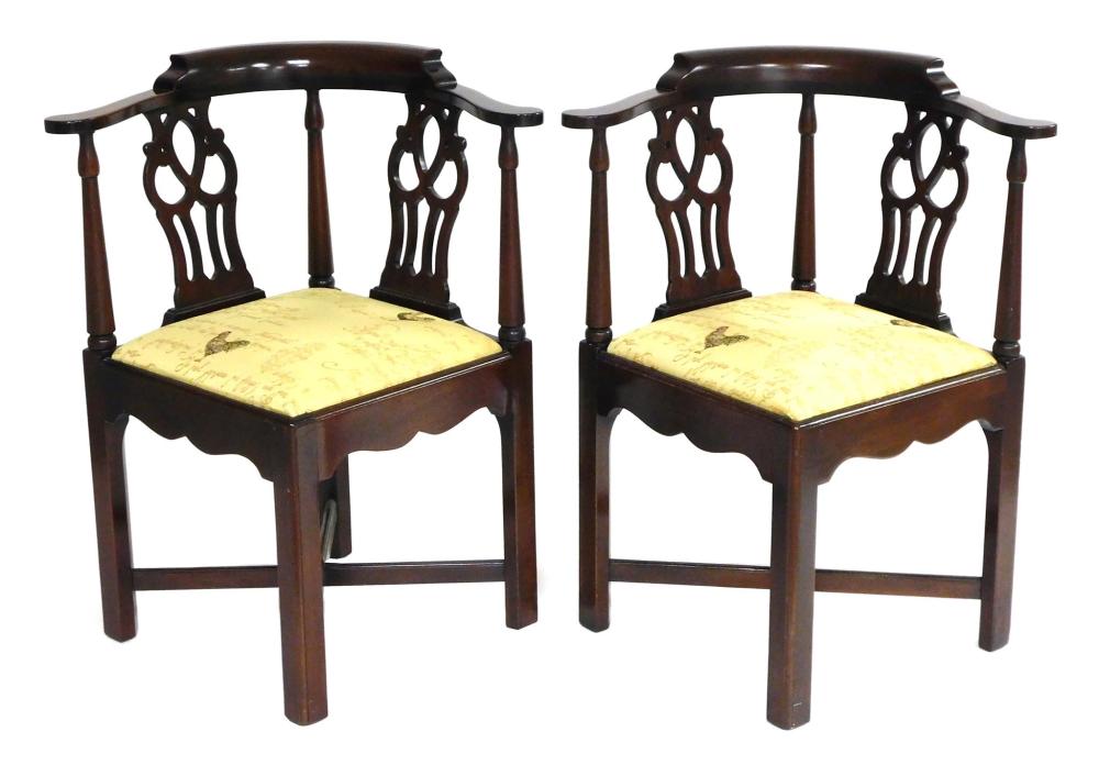 Appraisal: Pair of mahogany Chippendale style corner chairs upholstered slip seats