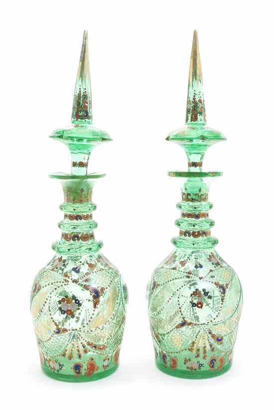 Appraisal: A Pair of Continental Enameled Glass Stoppered Bottles having ringed