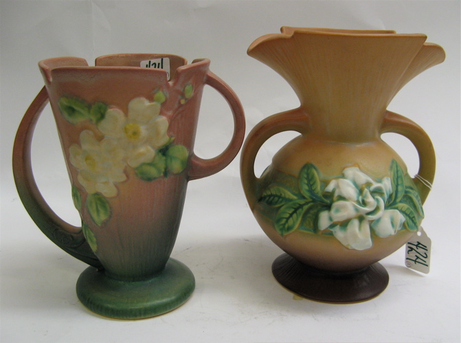 Appraisal: TWO ROSEVILLE ART POTTERY VASES c 's double handled one