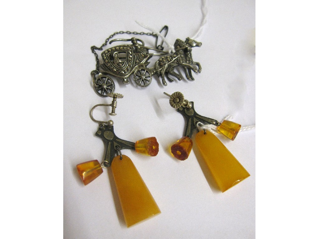 Appraisal: Lot comprising a pair of silver and yellow amber drop