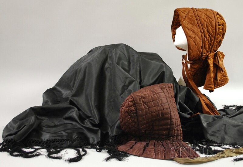 Appraisal: Two th Century Women's Bonnets and a Fringed Black Satin