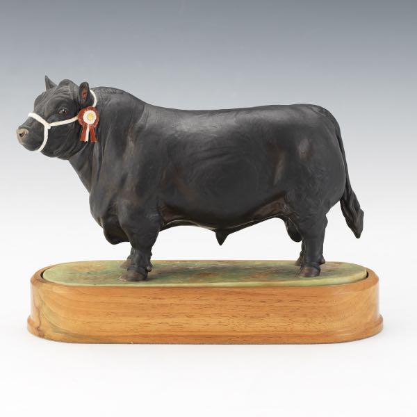 Appraisal: ROYAL WORCESTER SEMI-ANTIQUE DORIS LINDER PORCELAIN ABERDEEN-ANGUS BULL ON WOODEN