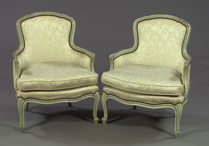 Appraisal: Pair of Polychromed Louis XV-Style Bergeres each retaining its embroidered