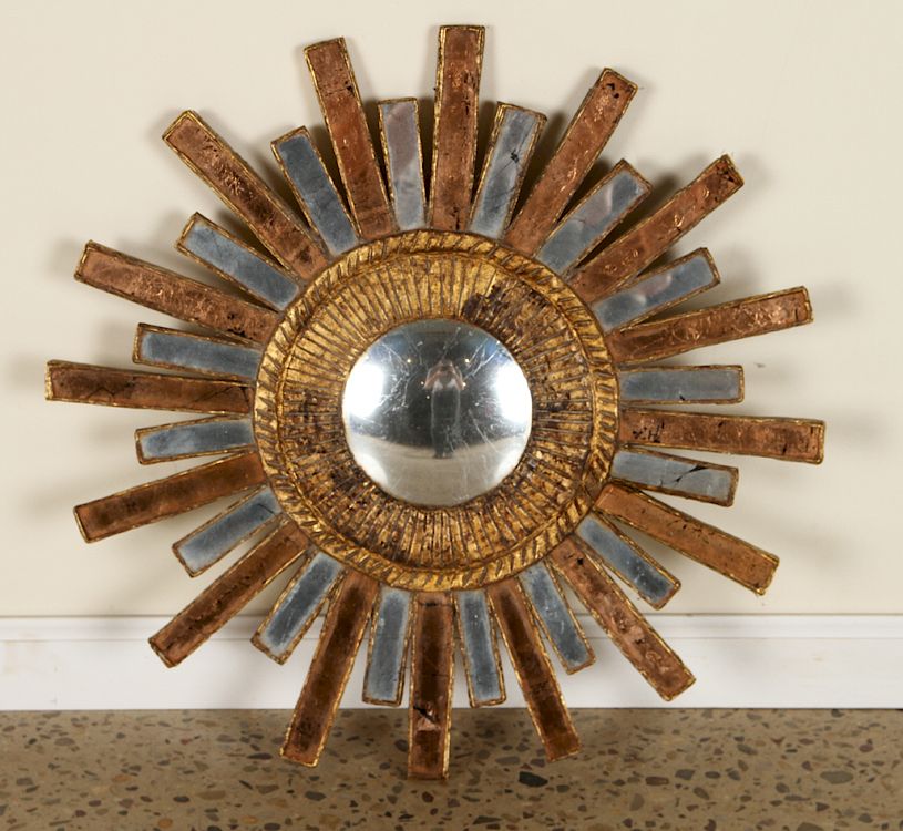 Appraisal: COPPER SILVER SUNBURST MIRROR MANNER LINE VAUTRIN A two tone