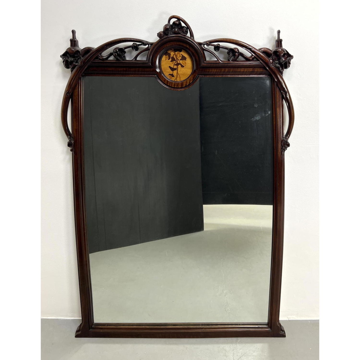 Appraisal: Majorelle style Inlaid Art Nouveau Framed Mirror Carved Crest has