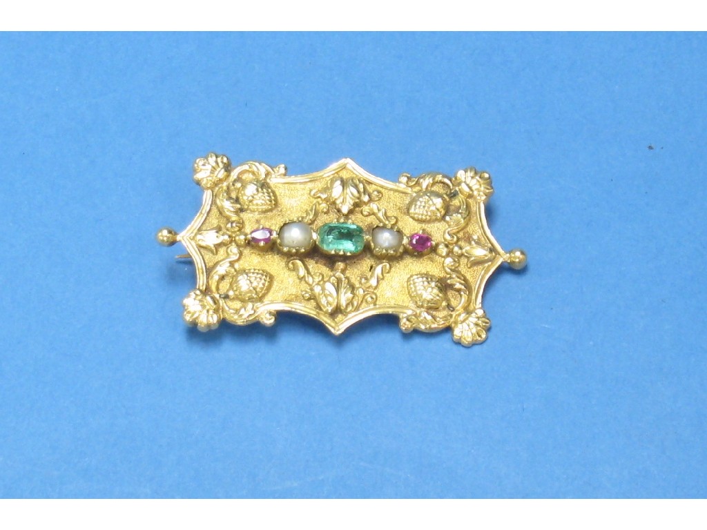 Appraisal: A rectangular Brooch set emerald seed pearl and rubies with