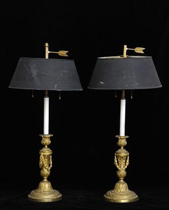 Appraisal: PAIR OF LOUIS XVI-STYLE GILT-METAL CANDLESTICK LAMPS Each flower-fluted husk-hung