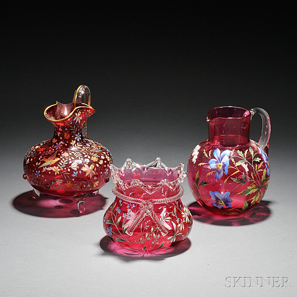 Appraisal: Three Enameled Cranberry Glass Vessels late th early th century