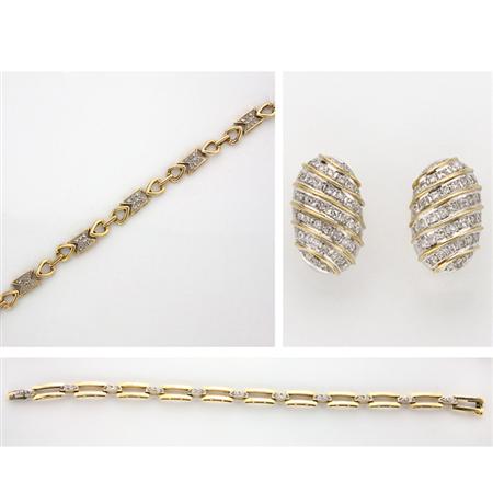 Appraisal: Two Gold and Diamond Bracelets and Pair of Earclips Estimate