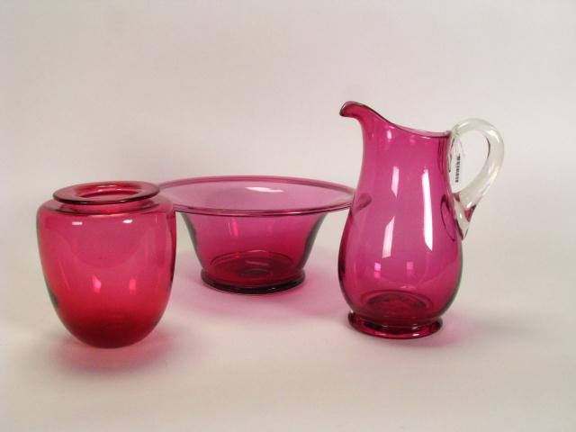 Appraisal: Three Items of Vintage Colored Glass including cranberry glass pitcher