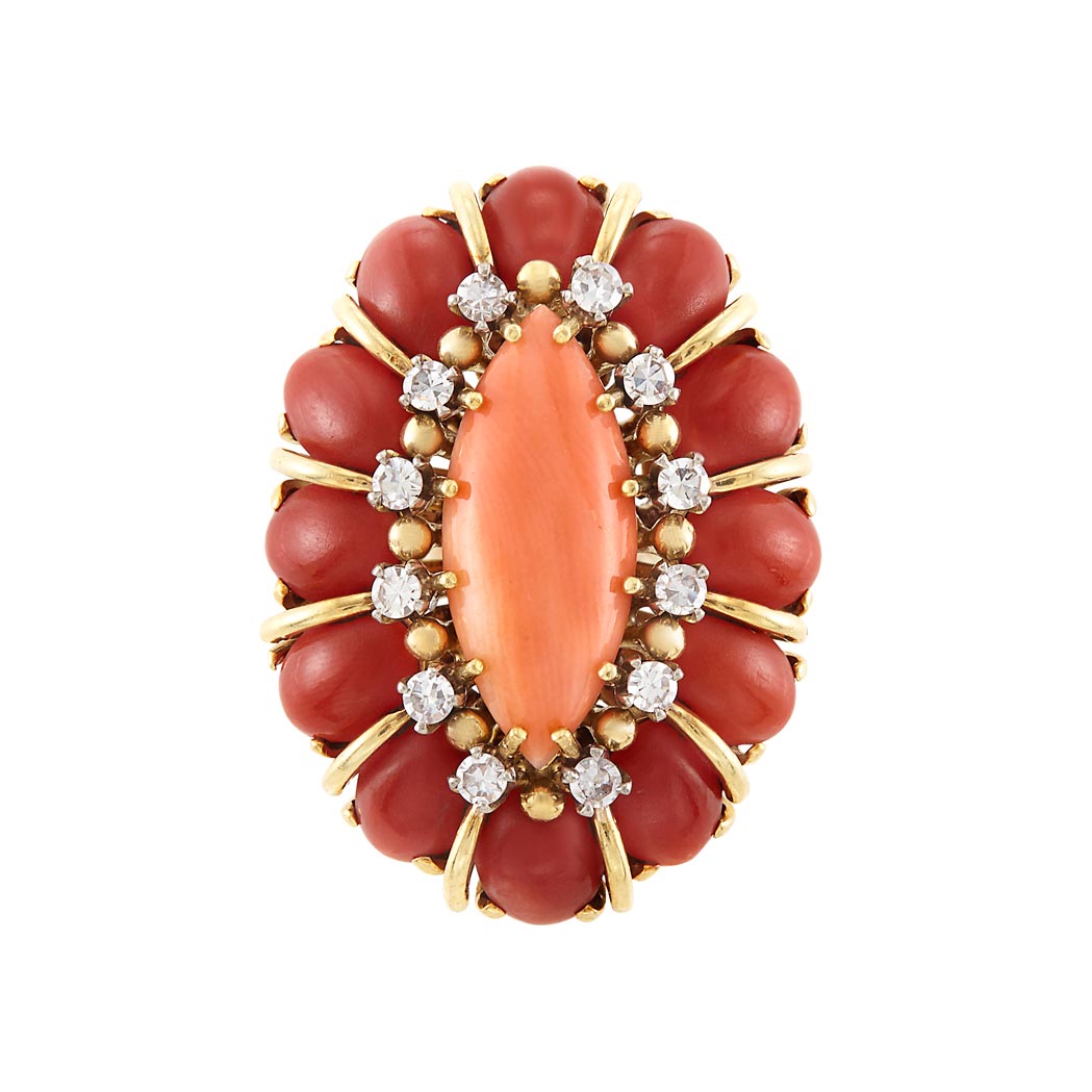 Appraisal: Gold Angel Skin and Oxblood Coral and Diamond Ring One