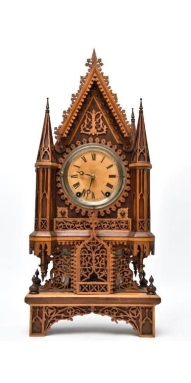 Appraisal: Tramp art Gothic clock mixed wood late th c h