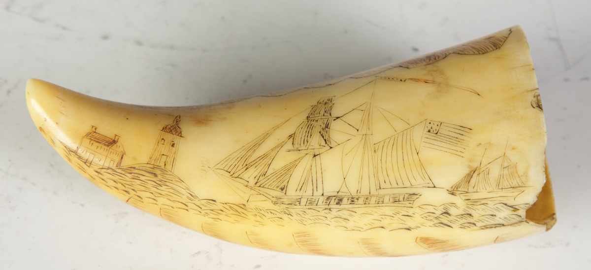 Appraisal: Early th Cent Scrimshaw Tooth W Whaling ships American flag