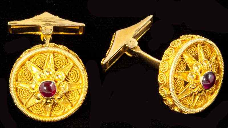 Appraisal: Gold and Ruby Cufflinks Michalisin the Etruscan style and of