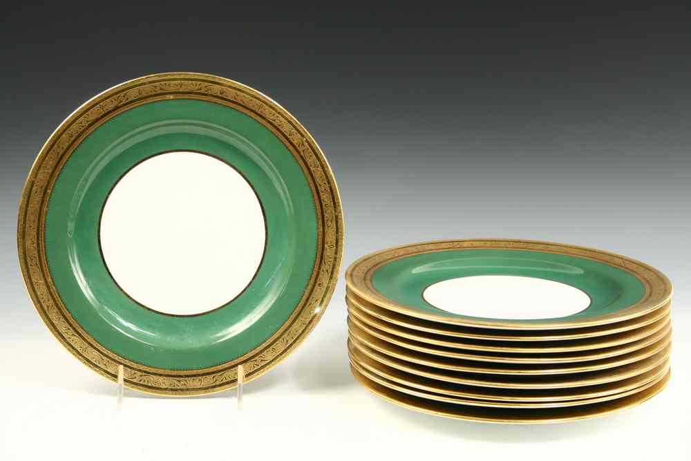 Appraisal: MINTON PLATES - Embossed Gilt Edge with Kelly Green Band