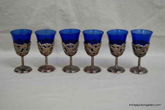 Appraisal: Vintage Cobalt on Pewter oz Glass Cordial SetThis is for