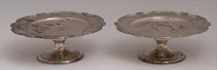 Appraisal: PAIR OF TIFFANY CO MONOGRAMMED SILVER STANDS Each with scalloped