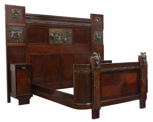 Appraisal: Italian Art Nouveau mahogany bed with attached bedside cabinets early