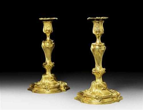 Appraisal: PAIR OF GILT BRONZE CANDLE HOLDERS Louis XV Paris circa