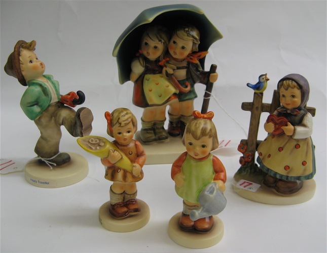 Appraisal: FIVE GERMAN HUMMEL FIGURES Stormy Weather HUM - H TM-