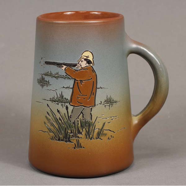 Appraisal: Rare Weller Dickensware Mug Duck Hunter in Landscape Artist Signed