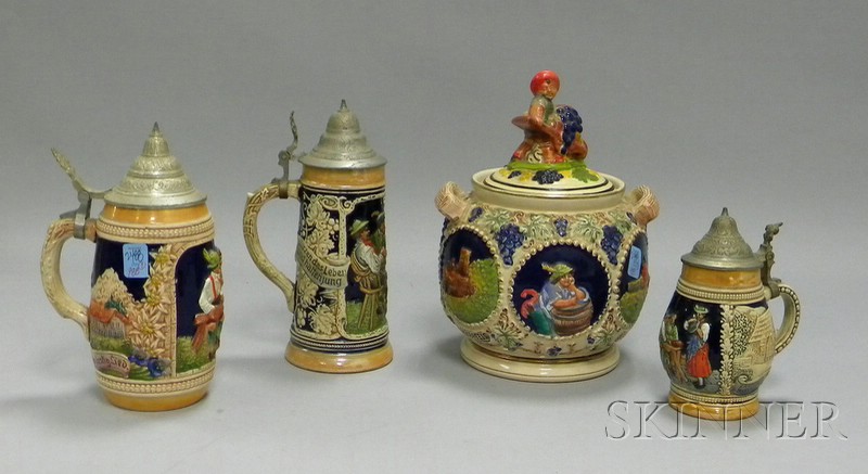 Appraisal: German Hand-painted Stoneware Cracker Jar and Three Beer Steins Some