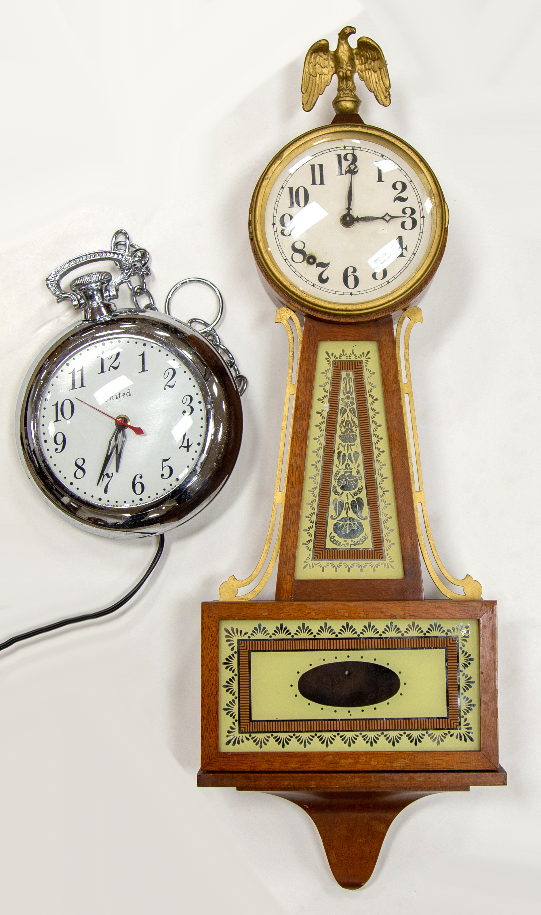 Appraisal: GROUP OF CLOCKS AND BRACKET SHELF Banjo electric pocket watch