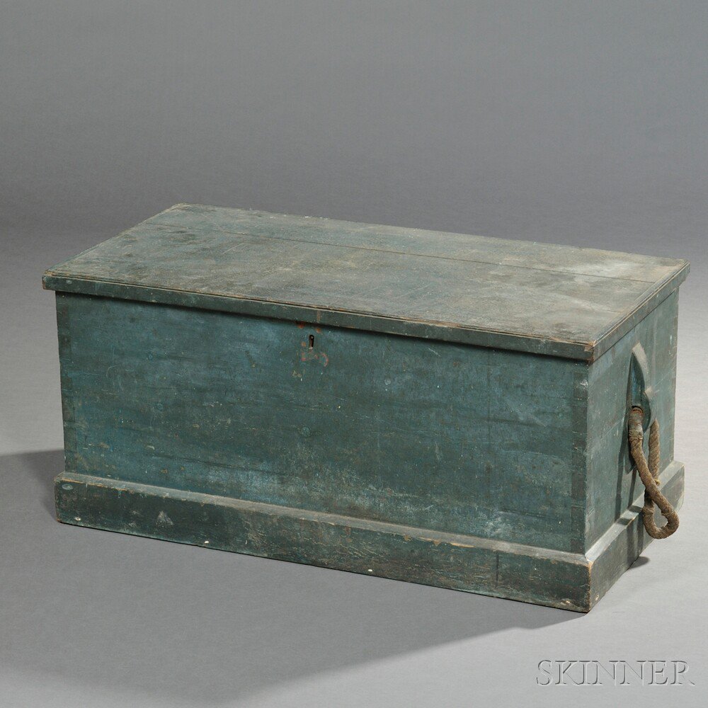 Appraisal: Blue-painted Dovetail-constructed Sea Chest Massachusetts early th century the underside