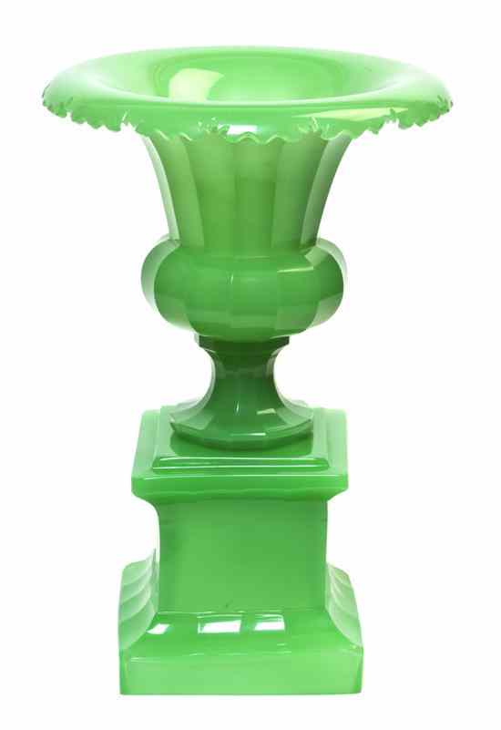 Appraisal: A French Green Opaline Glass Urn in two parts the