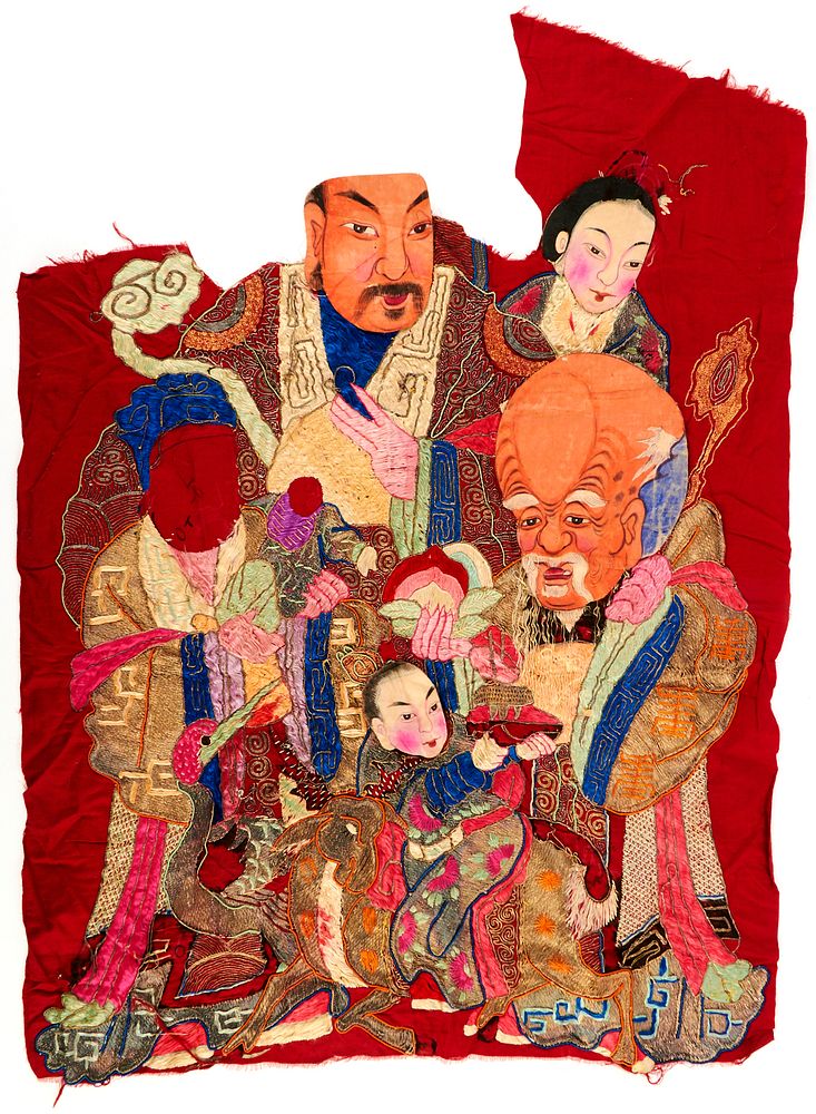 Appraisal: Chinese Silk Embroidery Immortals Chinese silk embroidered textile depicting a