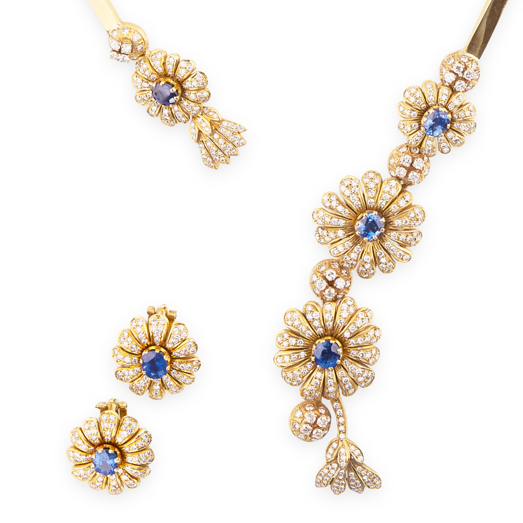 Appraisal: A sapphire and diamond set necklace and earrings the necklace