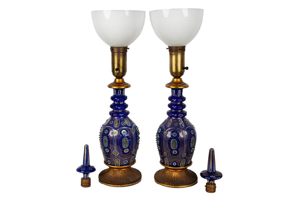 Appraisal: PAIR OF PERSIAN ENAMEL GLASS DECANTERSmounted as table lamps the