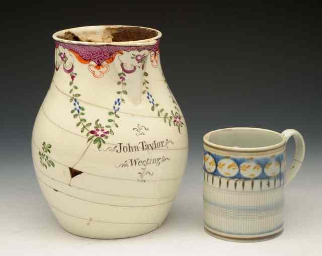 Appraisal: A PEARLWARE FROG MUG and a creamware jug the small