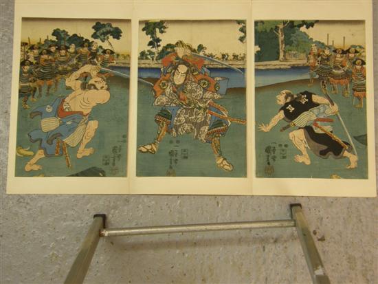 Appraisal: Japanese triptych woodblock print depicting three figures fighting with swords