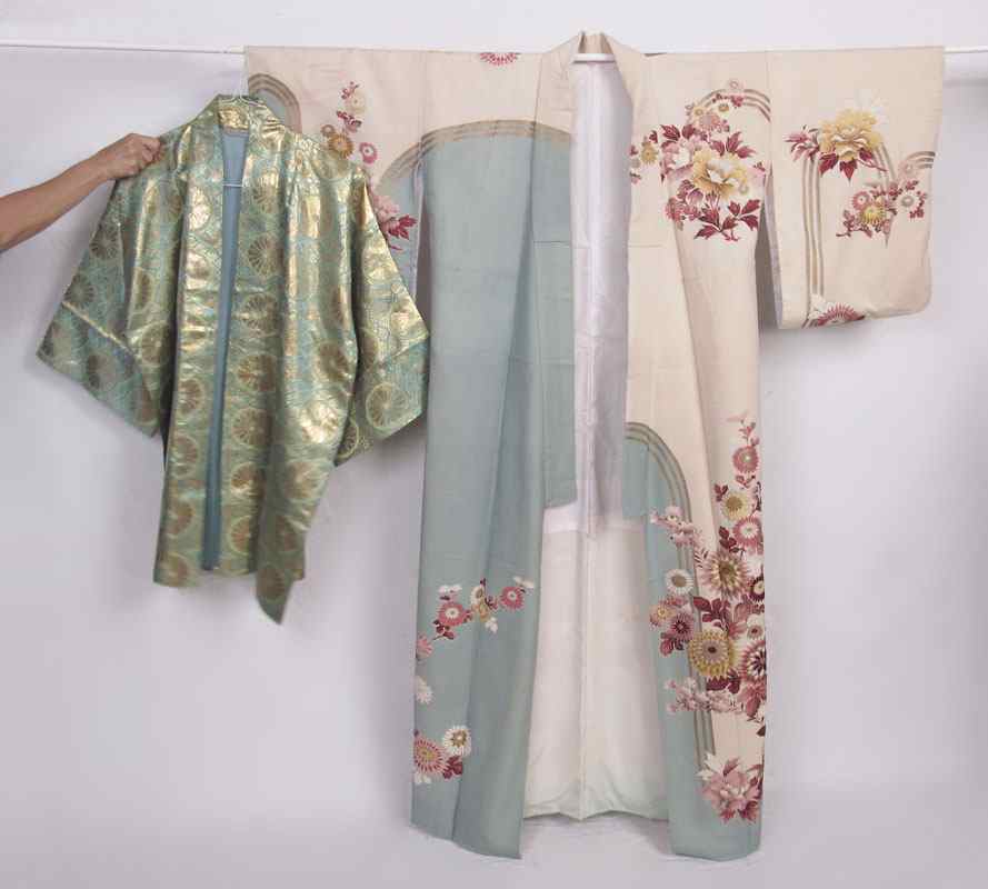 Appraisal: TWO FINE JAPANESE KIMONOS Spring Kimono ''l Shorter gold thread