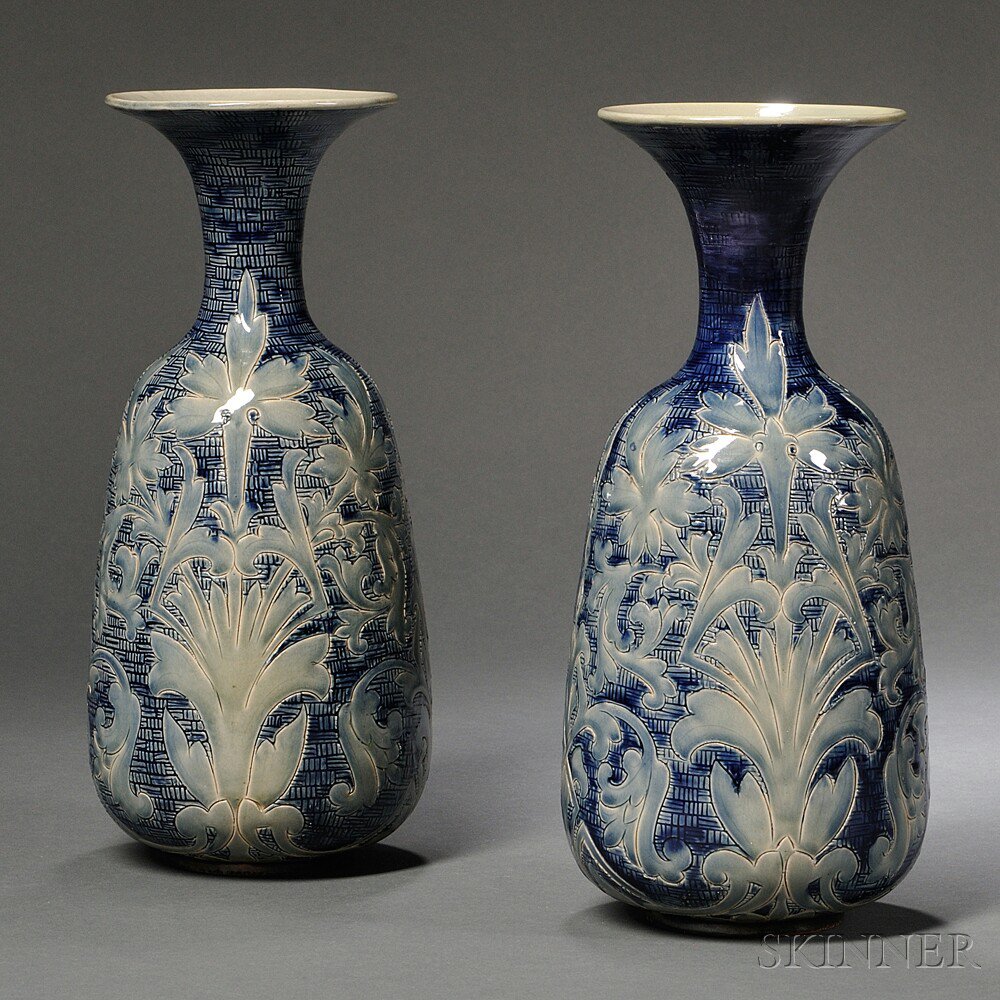 Appraisal: Pair of Doulton Lambeth Frank Butler Decorated Stoneware Vases England